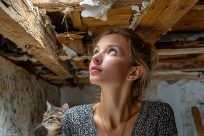 Junge Frau schaut auf eine feuchte Holzbalkendecke auf dem Dachboden