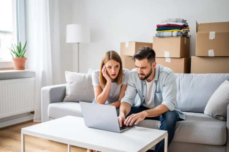 Junges Paar sitzt im Wohnzimmer vor einem Laptop, im Hintergeund Umzugskartons
