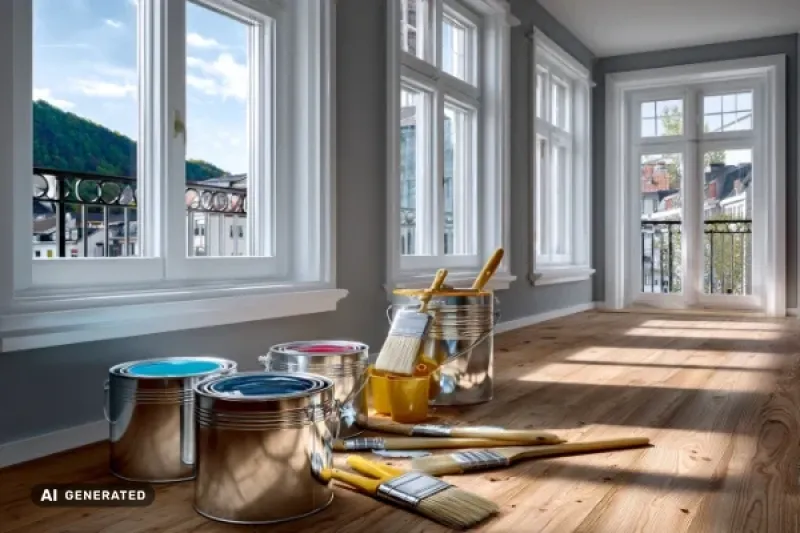 moderne Wohnung mit frisch gestrichenen Fernstern, Farbtöpfe stehen vor den Fenstern