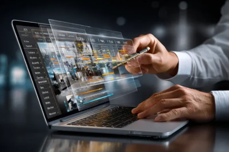Laptop auf einem Schreibtisch, davor ein Kalender-Hologramm, zwei Hände eines Geschäftsmannes, die eine malt auf dem virtuellen Kalender