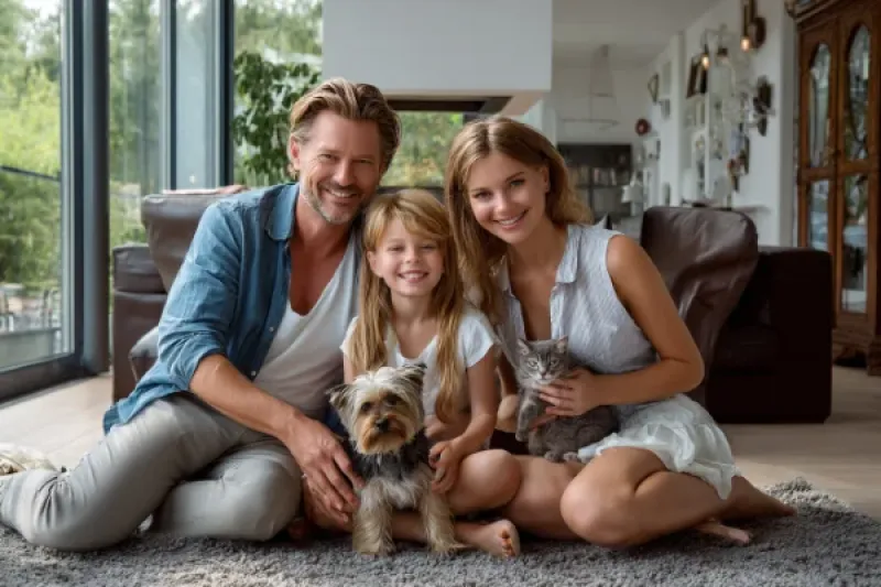 glückliche Familie mit kleinem Hund in ihrer Wohnung