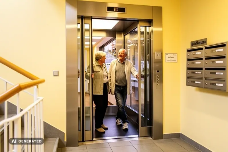 älteres Ehepaar steigt in einen Aufzug eines Mehrfamilienhauses