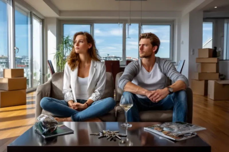 junges Paar sitzt auf dem Sofa in ihrer Wohnung, im Hintergrund sind Umzugskartons
