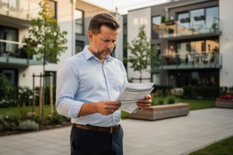 Ein Mann liest verwundert in Unterlagen im Hof eines Neubaukomplexes