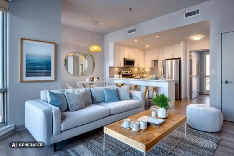 Modernes Apartment eingerichtet mit einem Sofa und einer Einbauküche