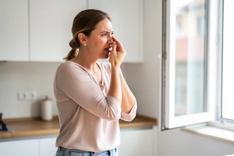 Junge Frau steht vor einem Fenster und hält sich die Nase zu