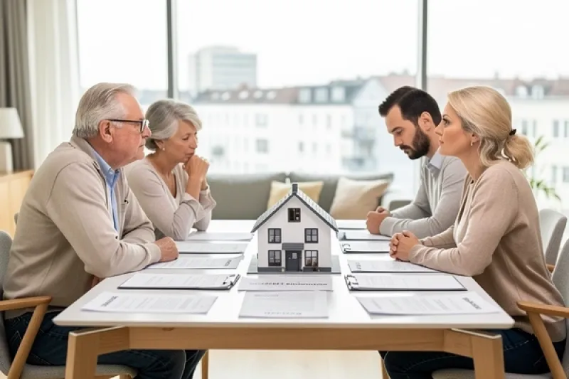 Familie, älteres Ehepaar und ihre Kinder sitzen am Küchentische mit Unterlagen