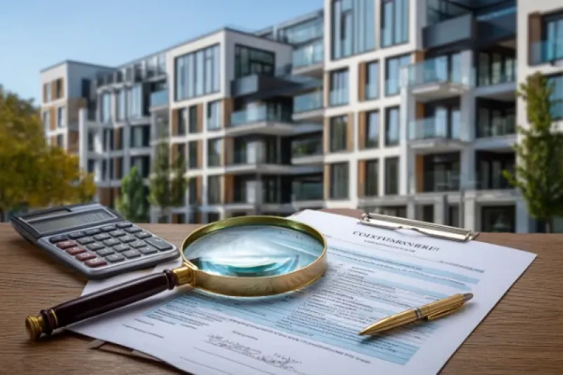 Apartmenthaus, im Vordergrund ein Schreibtisch mit Taschrechner, Lupe, Unterlagen und Kugelschreiber