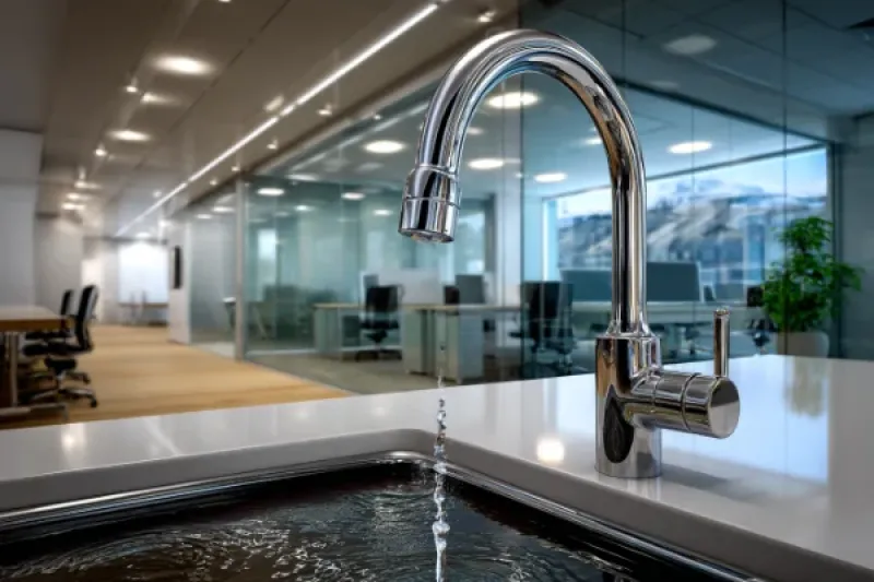 tropfender Wasserhahn über einer Spüle, im Hintergrund eine Büroumgebung