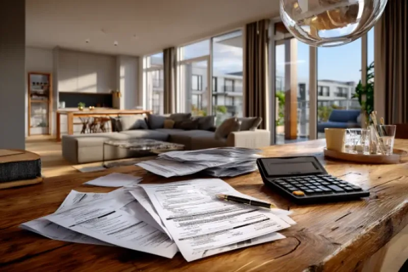 Holzschreibtisch in einer modernen Etagenwohnung, auf dem Tisch liegen Unterlagen und ein Taschenrechner