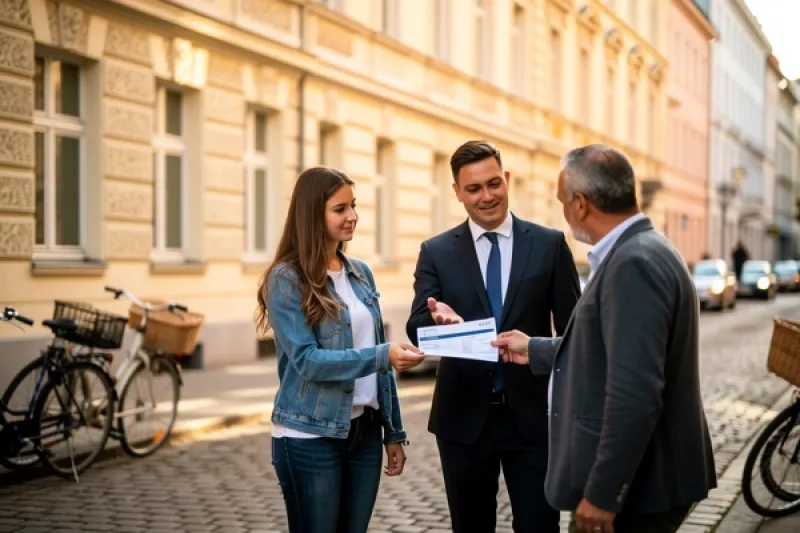 Ein junges Paar und ein Makler im Anzug stehen vor einem typischen deutschen Altbau-Mehrfamilienhaus