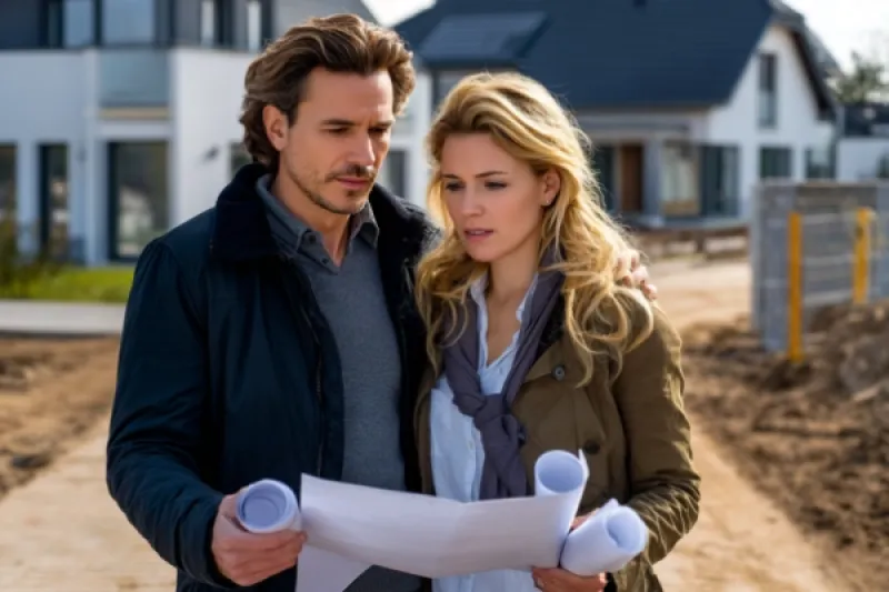 Junges Paar steht mit Planunterlagen auf einer Baustelle