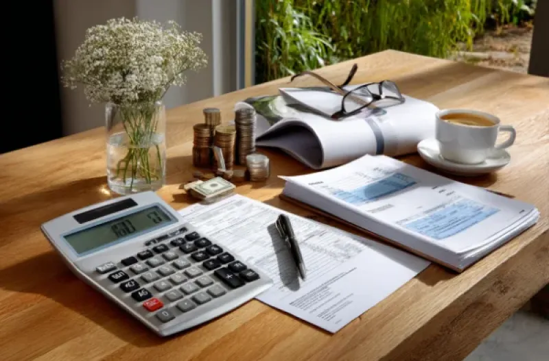 Holzschreibtisch mit Abrechnungsunterlagen und einem Taschenrechner