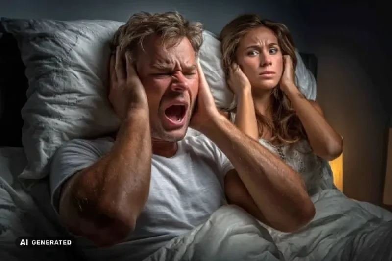 Mieterehepaar liegen im Bett und halten sich die Ohren zu