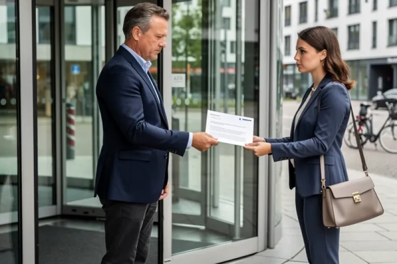 Ein Mann übergibt einen Brief an eine junge Frau vor einem Bürogebäude
