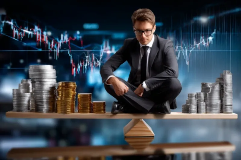 Geschäftsmann sitzt auf eine Waage mit mehreren Münzstapeln (Symbobild)